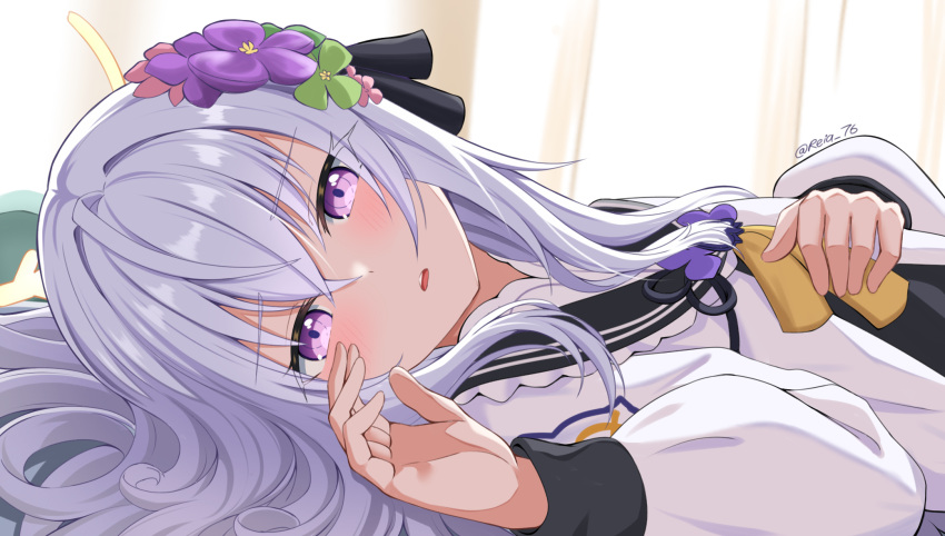 1girl azusa_(blue_archive) blue_archive blush commentary_request curtains hair_ornament halo highres looking_at_viewer lying portrait purple_eyes purple_hair reia_76 school_uniform solo twitter_username white_hair