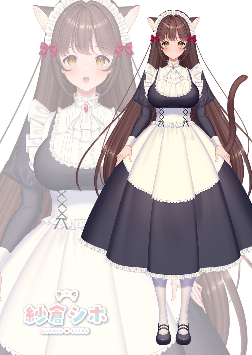 1girl :d animal_ears apron artist_name bangs black_dress black_footwear blush bow breasts brown_eyes brown_hair cat_ears cat_girl cat_tail closed_mouth commentary_request copyright_request dress eyebrows_visible_through_hair frilled_dress frills hair_bow highres juliet_sleeves long_hair long_sleeves maid maid_headdress medium_breasts multiple_views pantyhose pleated_dress puffy_sleeves red_bow sakura_shiho shoes simple_background smile tail very_long_hair virtual_youtuber white_apron white_background white_legwear