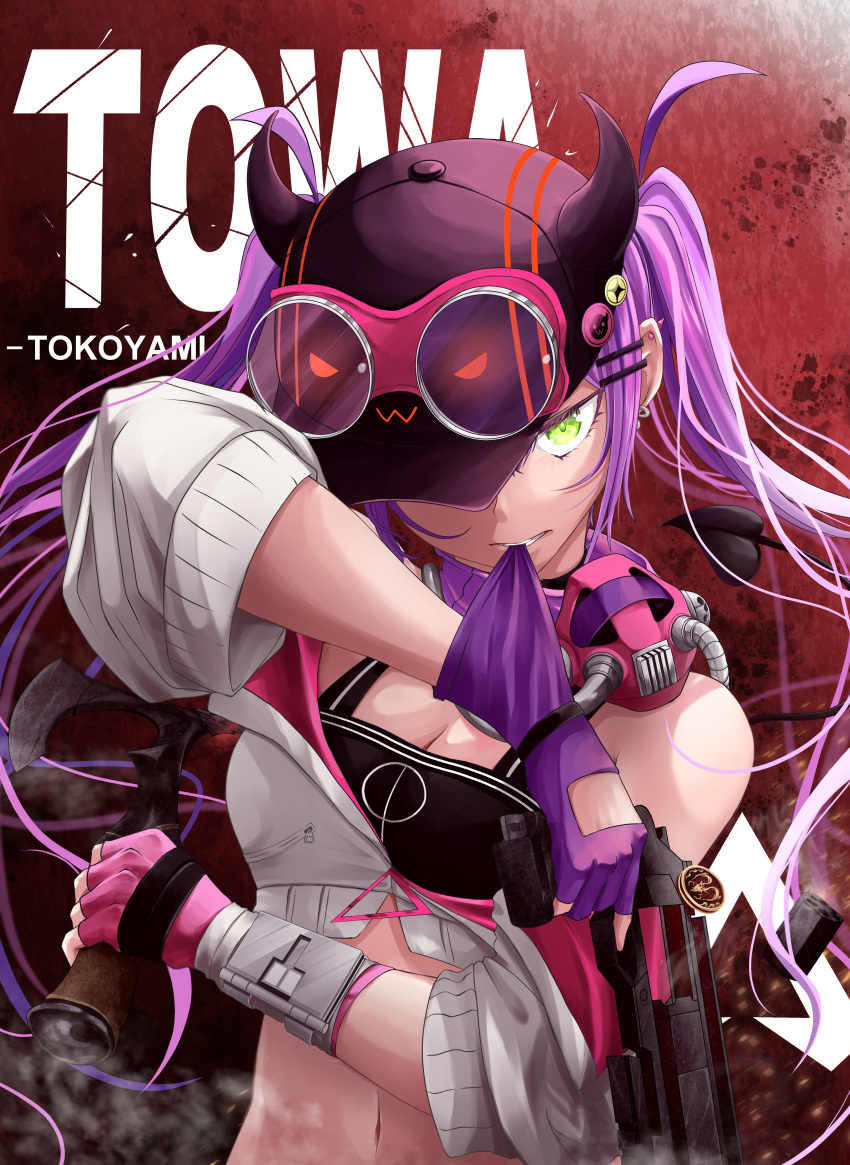 1girl absurdres apex_legends asymmetrical_gloves axe b3_wingman baseball_cap black_headwear breasts character_name cleavage cropped_jacket dual_wielding ear_piercing fingerless_gloves gloves goggles goggles_on_headwear gun hair_behind_ear handgun hat highres holding holding_axe holding_gun holding_weapon hololive jacket mismatched_gloves off_shoulder one_eye_covered piercing pink_gloves purple_gloves purple_hair ranartx raven's_bite solo tokoyami_towa twintails virtual_youtuber weapon white_jacket