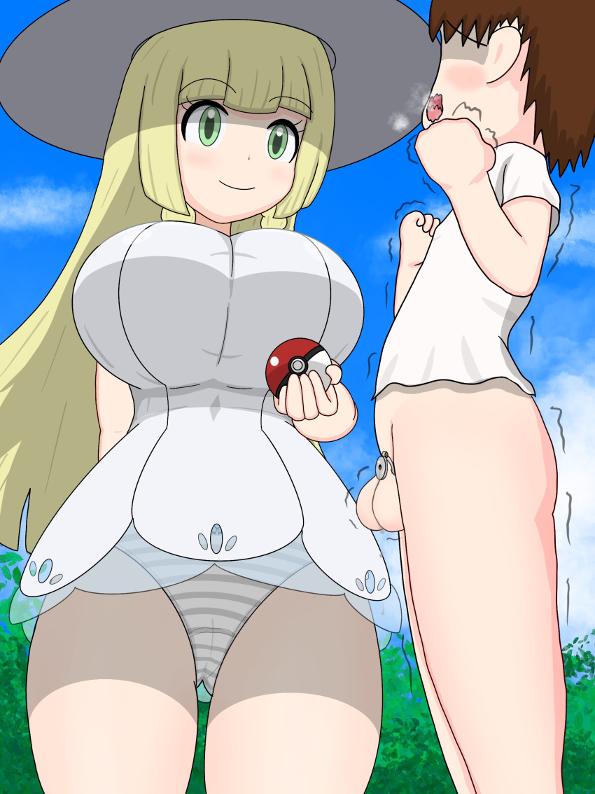 1boy 1girl absurdres ball_busting bdsm breasts castration cbt chastity_belt chastity_cage femdom highres humiliation large_breasts lillie_(pokemon) pokemon pokemon_(anime) pokemon_(game) pokemon_sm pokemon_sm_(anime) testicles upskirt