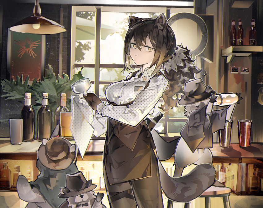 1girl absurdres adapted_costume animal_ears animal_hands arknights bartender black_legwear black_necktie bottle breasts brown_hair ceiling_light collared_shirt cowboy_shot cup grey_hair hair_between_eyes hanging_light highres holding holding_cup id_card indoors jumbowhopper long_hair medium_breasts mixer_(cooking) necktie pantyhose ponytail raccoon raccoon_ears raccoon_girl raccoon_tail robin_(arknights) shirt sidelocks solo tail undone_necktie white_shirt wiping yellow_eyes