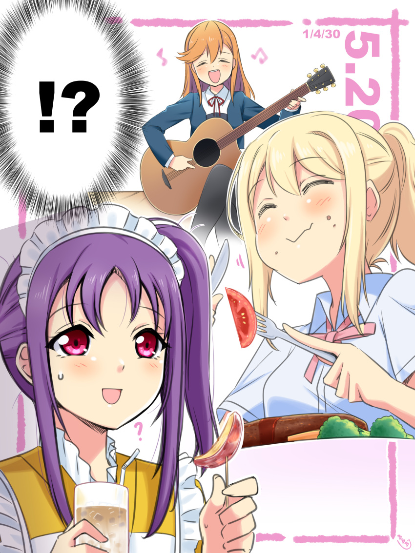 !? 3girls absurdres apple_slice apron bangs blonde_hair blush broccoli bunji closed_eyes commentary cup dated drinking_glass drinking_straw eating food fork guitar highres instrument kazuno_sarah knife long_hair love_live! love_live!_nijigasaki_high_school_idol_club love_live!_sunshine!! love_live!_superstar!! maid_apron maid_headdress miyashita_ai multiple_girls music musical_note nijigasaki_academy_school_uniform orange_hair pantyhose pink_eyes playing_instrument purple_hair school_uniform shibuya_kanon sidelocks signature singing sitting steak tomato trait_connection upper_body white_background yuigaoka_school_uniform