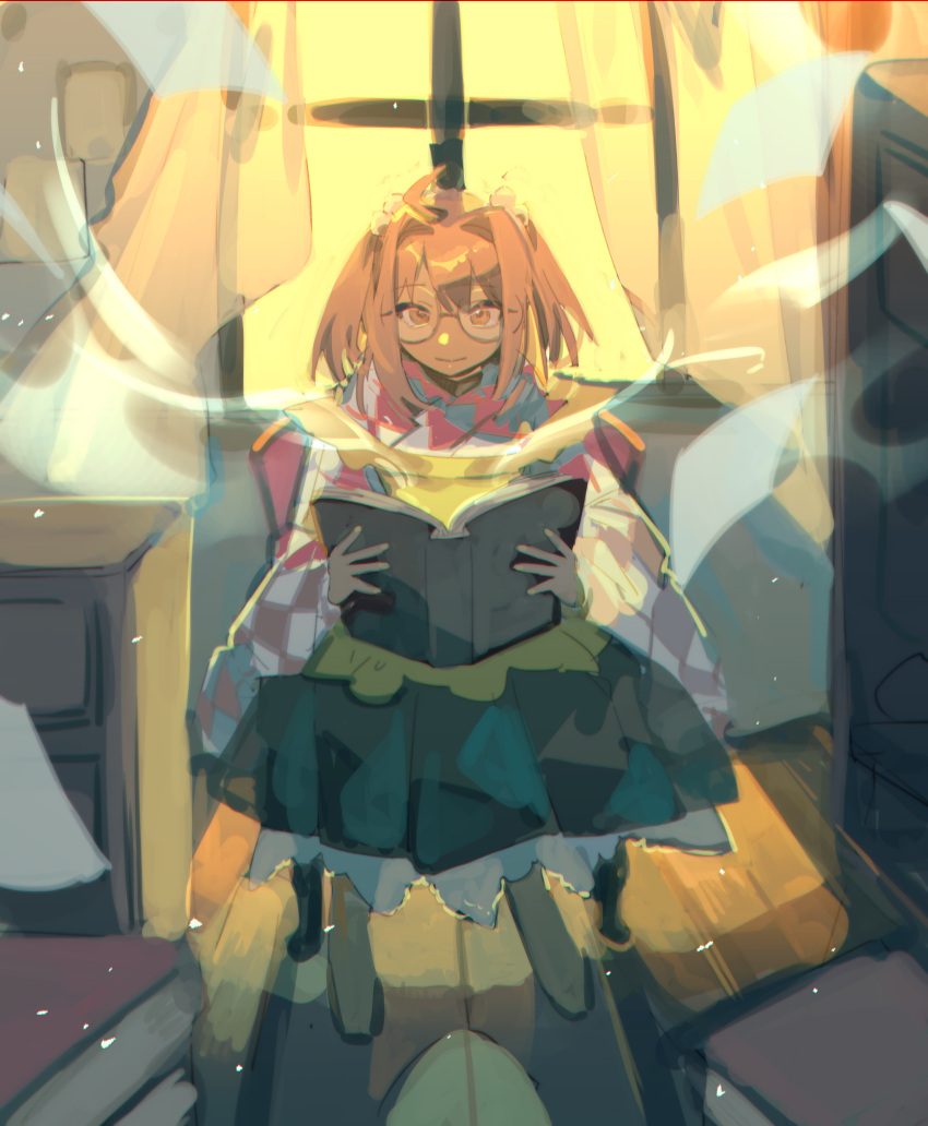 1girl absurdres apron book chair checkered_clothes checkered_kimono closed_mouth commentary curtains drawer full_body glasses green_skirt hair_bobbles hair_ornament highres holding holding_book japanese_clothes kimono long_sleeves looking_at_viewer motoori_kosuzu on_chair one-hour_drawing_challenge open_book orange_eyes orange_hair shi_chimi shoes sitting skirt smile solo touhou twintails wide_sleeves window yellow_apron