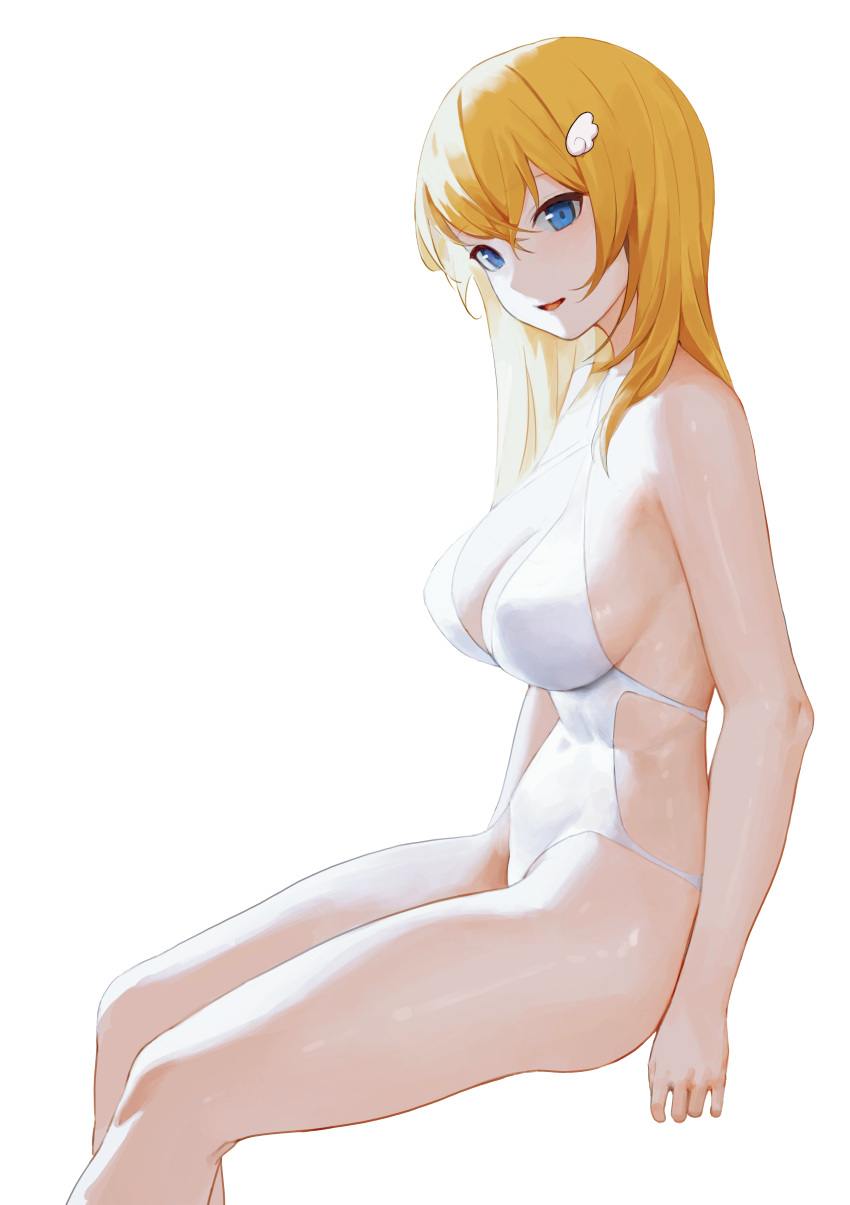 1girl absurdres blonde_hair blue_eyes breasts egk513 eyebrows_visible_through_hair hair_between_eyes hair_ornament highres large_breasts long_hair looking_at_viewer one-piece_swimsuit open_mouth original simple_background sitting solo swimsuit thighs white_background white_swimsuit