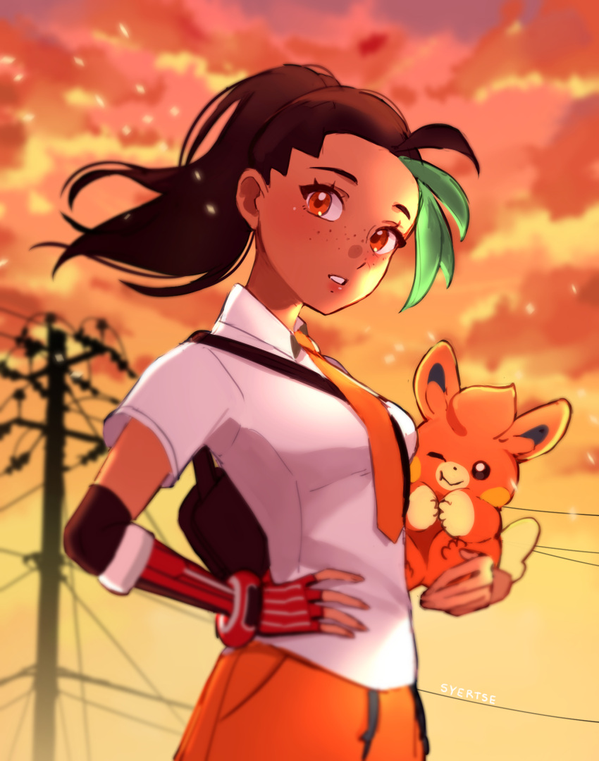 1girl bag bangs breasts brown_eyes brown_hair city dark_skin dawn dyed_bangs fingerless_gloves freckles gloves green_hair highres lips looking_at_viewer necktie nemona_(pokemon) open_mouth pawmi pokemon pokemon_(creature) pokemon_(game) pokemon_sv power_lines shirt solo sunlight syertse tan utility_pole white_shirt