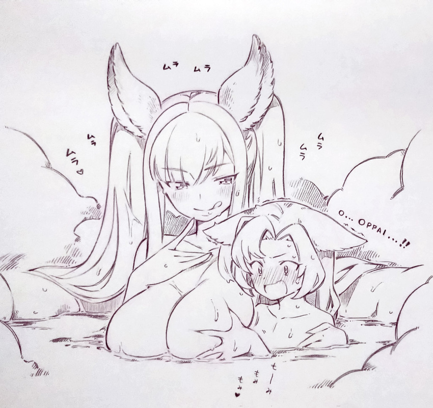 1boy 1girl :q animal_ears bangs blush breast_grab breasts character_request commentary_request erune eyebrows_visible_through_hair grabbing granblue_fantasy height_difference highres large_breasts long_hair looking_at_another looking_at_breasts metera_(granblue_fantasy) monochrome onsen open_mouth partially_submerged thelonim tongue tongue_out traditional_media tsukareta_san twintails water wet wet_hair