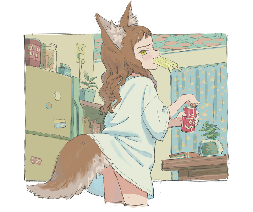 1girl animal_ear_fluff animal_ears blush bolero_(bo_le_ro66) book border brown_hair can curtains electric_plug electric_socket fang food food_in_mouth grey_border highres holding holding_can indoors jar long_hair magnet mole mole_on_ass mole_under_eye mouth_hold no_pants original plant popsicle popsicle_in_mouth potted_plant refrigerator shirt sketch soda soda_can solo t-shirt table tail white_shirt yellow_eyes