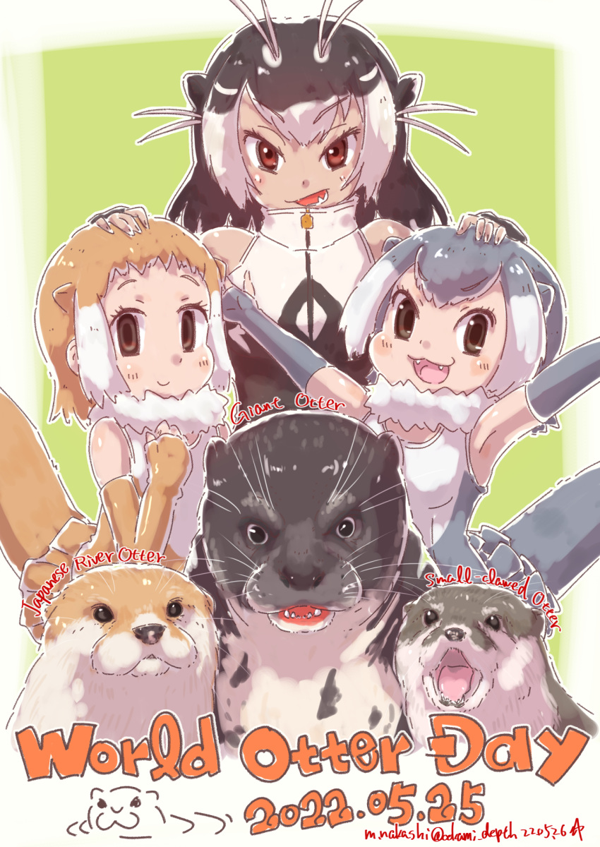 3girls animal animal_ears antenna_hair armpits arms_up bangs bare_shoulders black_hair brown_eyes brown_hair character_name creature_and_personification dated elbow_gloves empty_eyes extra_ears eyebrows_visible_through_hair fangs fingerless_gloves front_zipper_swimsuit fur_collar giant_otter_(kemono_friends) gloves grey_eyes grey_hair hand_on_another's_head hand_up height_difference highres japanese_otter_(kemono_friends) kemono_friends light_brown_hair long_hair looking_at_viewer medium_hair meme_attire multicolored_hair multiple_girls nakashi_masakumi one-piece_swimsuit otter otter_ears otter_girl otter_tail outstretched_arms sidelocks small-clawed_otter_(kemono_friends) smile swimsuit tail tan turtleneck_swimsuit two-tone_hair v-shaped_eyebrows white_hair zipper zipper_pull_tab