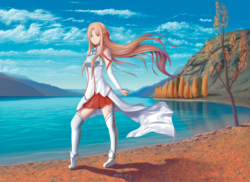 1girl armor asuna_(sao) beach blue_sky boots braid branch breastplate brown_eyes brown_hair cloud cloudy_sky commentary commission cross day detached_sleeves english_commentary french_braid hayden_mackenzie highres hill lake long_hair looking_at_viewer ocean outdoors red_skirt shadow sidelocks skirt sky solo sword_art_online thigh_boots thighhighs thighs tree very_long_hair water white_legwear zettai_ryouiki