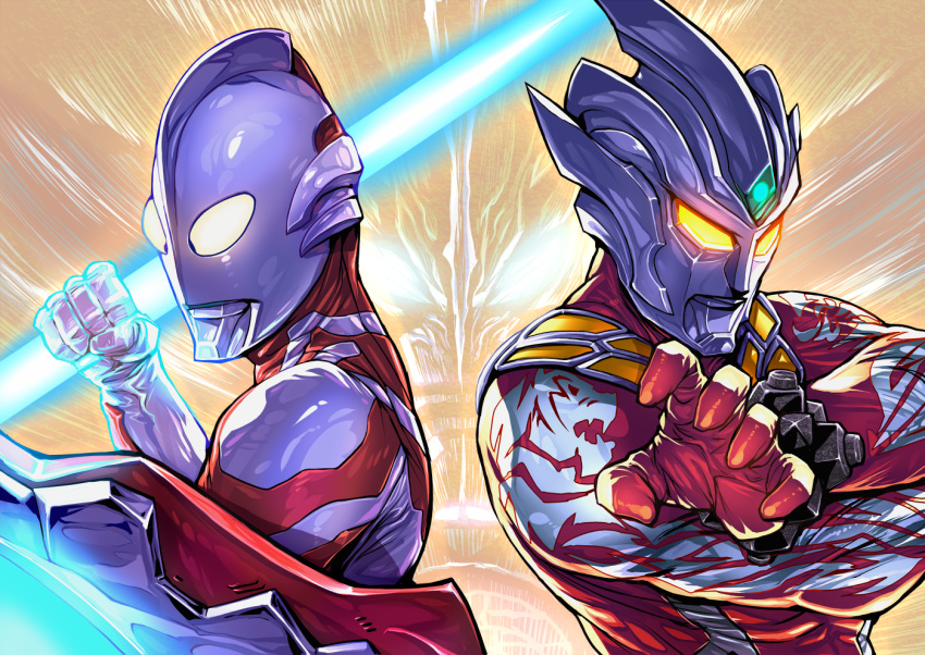 2boys arm_tattoo character_request holding holding_polearm holding_shield holding_weapon multiple_boys polearm shield tattoo tokusatsu ultra_galaxy_fight:_new_generation_heroes ultra_galaxy_fight:_the_absolute_conspiracy ultra_galaxy_fight:_the_destined_crossroad ultra_series ultraman_regulos ultraman_ribut warainaku weapon white_eyes yellow_eyes