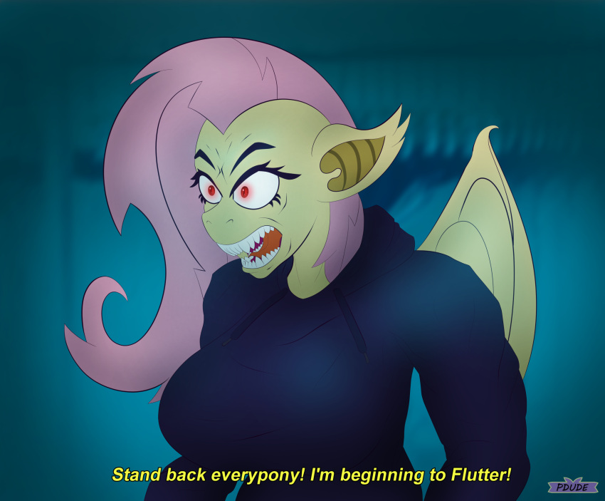 anthro bat_pony equid equine female flutterbat_(mlp) fluttershy_(mlp) friendship_is_magic hasbro hi_res hybrid i'm_beginning_to_morb it's_morbin_time mammal my_little_pony pdude pegasus vampire wings