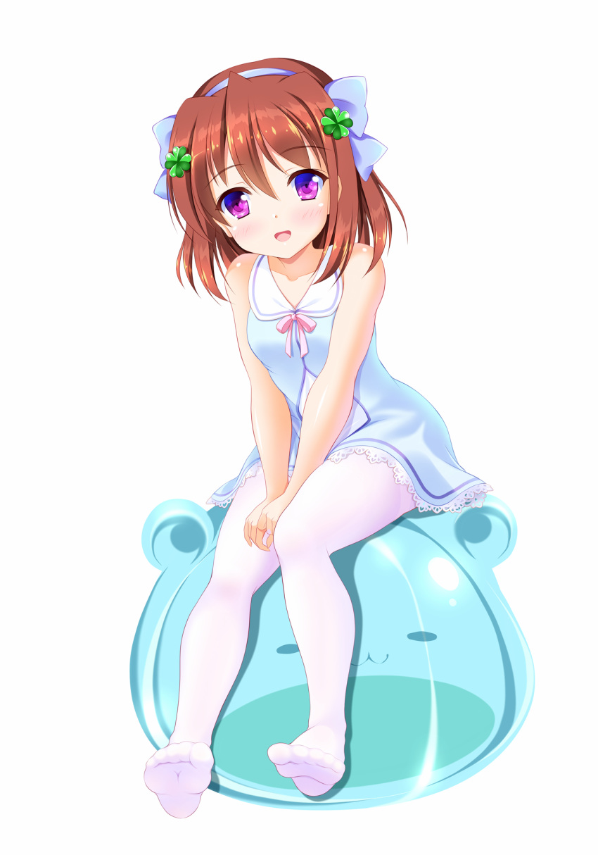 1girl :d bangs bare_arms bare_shoulders bashen_chenyue between_legs blue_bow blue_dress blue_hairband blush bow breasts brown_hair collarbone collared_dress dress eyebrows_visible_through_hair hair_between_eyes hair_bow hairband hand_between_legs highres lace-trimmed_dress lace_trim leaning_forward looking_at_viewer neck_ribbon no_shoes original pantyhose purple_eyes ribbon simple_background sitting sleeveless sleeveless_dress small_breasts smile soles solo white_background white_legwear yellow_ribbon