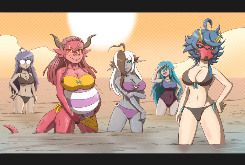 ball_play beach beachbackground big_breasts bikini black_hair blue_eyes blue_hair breasts clothing dragonborn drow elf eyewear glasses grey_body group group_picture hair hi_res horn human humanoid looking_at_viewer mammal mask noldvano not_furry red_body red_eyes red_hair reptile rita_(jsephnsfw) scalie scar seaside standing standing_in_water swimwear water white_hair