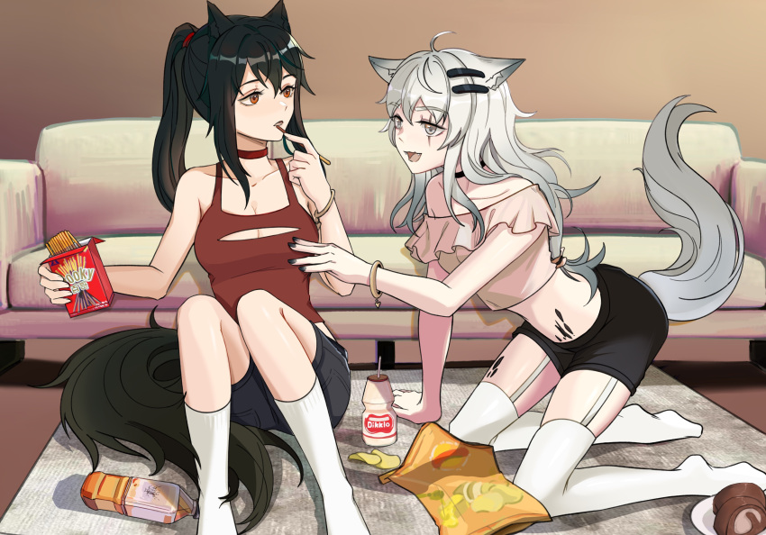 2girls :d absurdres ahoge animal_ear_fluff animal_ears arknights bangle bangs bare_shoulders black_choker black_hair black_nails black_shorts bottle bracelet breasts brown_shirt cake camisole choker cleavage cleavage_cutout clothing_cutout collarbone commentary_request couch crop_top eye_contact eyebrows_visible_through_hair feet_out_of_frame food garter_straps grey_eyes grey_hair hair_between_eyes hair_ornament hairclip highres holding indoors jewelry kneeling lappland_(arknights) long_hair looking_at_another medium_breasts midriff multiple_girls nail_polish no_shoes off-shoulder_shirt off_shoulder parted_lips plate pocky ponytail red_camisole red_choker red_eyes scar scar_across_eye shirt short_shorts shorts smile socks swiss_roll tail texas_(arknights) thighhighs very_long_hair white_legwear zhouweibingfangze