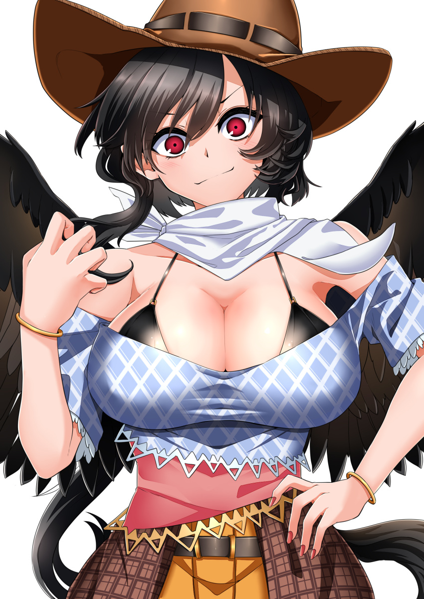 1girl absurdres bandana bangs bare_shoulders belt black_bra black_hair black_wings blue_shirt blush bra bracelet breasts brown_headwear claw_pose cleavage cowboy_hat dress feathered_wings hair_between_eyes hat highres horse_girl jewelry kurokoma_saki large_breasts long_hair looking_at_viewer nail_polish off-shoulder_shirt off_shoulder orange_skirt pegasus_wings plaid plaid_shirt plaid_skirt ponytail red_eyes rihito_(usazukin) shirt short_sleeves simple_background skirt smile solo touhou underwear unmoving_pattern upper_body white_background white_bandana wings