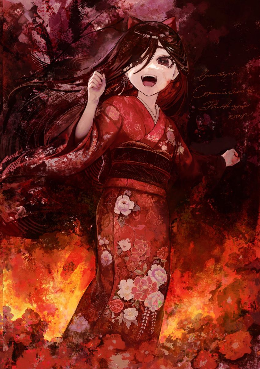 1girl animal_ears black_eyes black_hair cat_ears clockup earrings erewhon fire floating_hair floral_print flower highres japanese_clothes jewelry kimono kokemozuku long_hair looking_at_viewer nagami_kiyora obi open_mouth print_kimono red_flower red_kimono red_theme sash smile solo symbol-only_commentary teeth upper_teeth