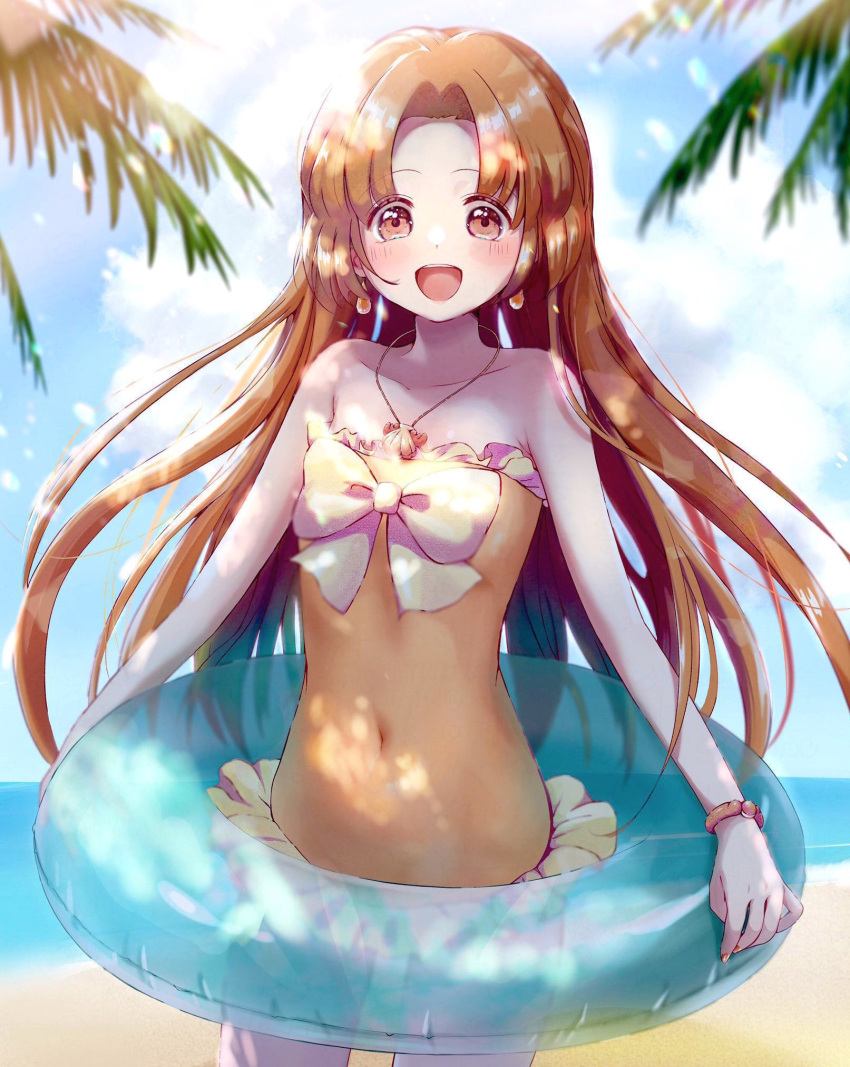 1girl artist_request beach breasts happy highres lifebuoy long_hair mermaid_melody_pichi_pichi_pitch navel non-web_source ocean orange_hair seira_(mermaid_melody_pichi_pichi_pitch) small_breasts smile standing swimsuit younger