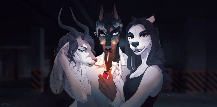 2022 absurd_res anthro bovid breasts caprine clothed clothing digital_media_(artwork) do eyebrows eyelashes female goat group hi_res horn male mammal open_mouth red_eyes teeth trio unknowhiter