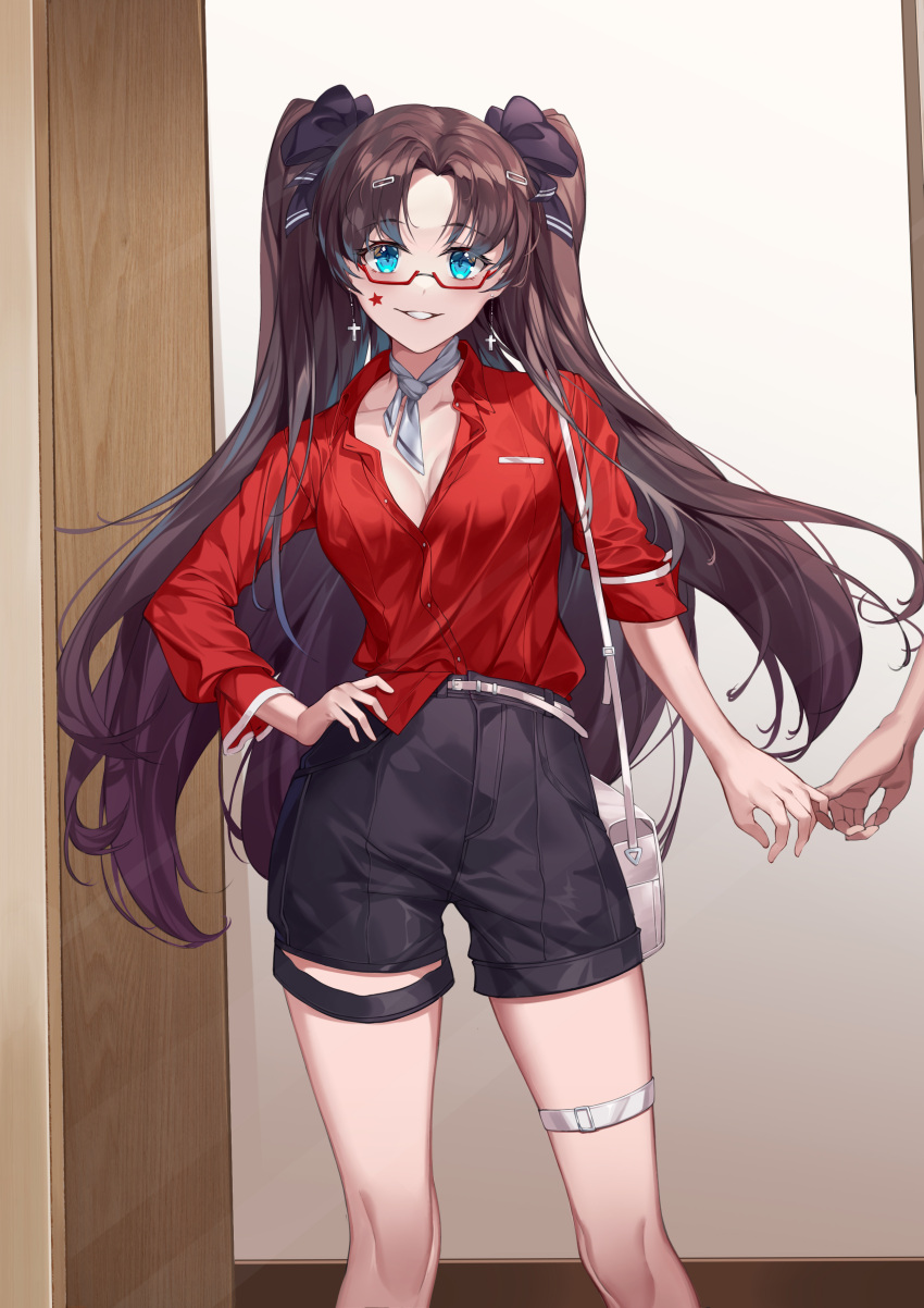 1girl absurdres bag bangs blue_eyes blush breasts brown_hair cleavage collared_shirt cowboy_shot cross cross_earrings earrings eyebrows_visible_through_hair fate/stay_night fate_(series) glasses grin hair_ornament hair_ribbon hairclip hand_on_hip highres holding_finger jewelry long_hair long_sleeves looking_at_viewer neckerchief parted_bangs parted_lips qian_pu_liu_shang red-framed_eyewear red_shirt ribbon shirt shorts shoulder_bag sleeves_folded_up smile solo_focus star_tattoo tattoo teeth thigh_strap tohsaka_rin twintails untucked_shirt