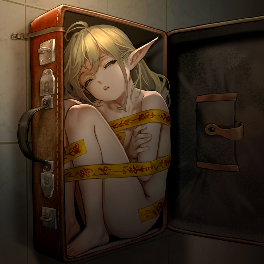 1girl ahoge as109 bangs barefoot blonde_hair box buckle closed_eyes dark_room eyebrows_visible_through_hair feet fetal_position hair_between_eyes highres in_box in_container indie_virtual_youtuber knees_to_chest leather_strap long_hair looking_at_viewer nude open_box open_mouth pointy_ears shui_lan_er sidelocks sleeping solo suitcase talisman teeth thighs