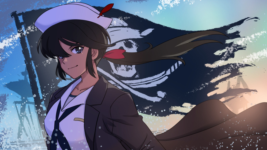 1girl bangs black_coat black_eyes black_hair black_neckerchief blouse bow coat dark-skinned_female dark_skin dated dixie_cup_hat flag girls_und_panzer girls_und_panzer_saishuushou hair_bow hair_over_one_eye hat hat_feather highres jolly_roger long_hair long_sleeves looking_at_viewer military_hat neckerchief ogin_(girls_und_panzer) ooarai_naval_school_uniform open_clothes open_coat pirate ponytail red_bow sailor school_uniform shinmai_(kyata) shirt smile solo upper_body white_headwear white_shirt