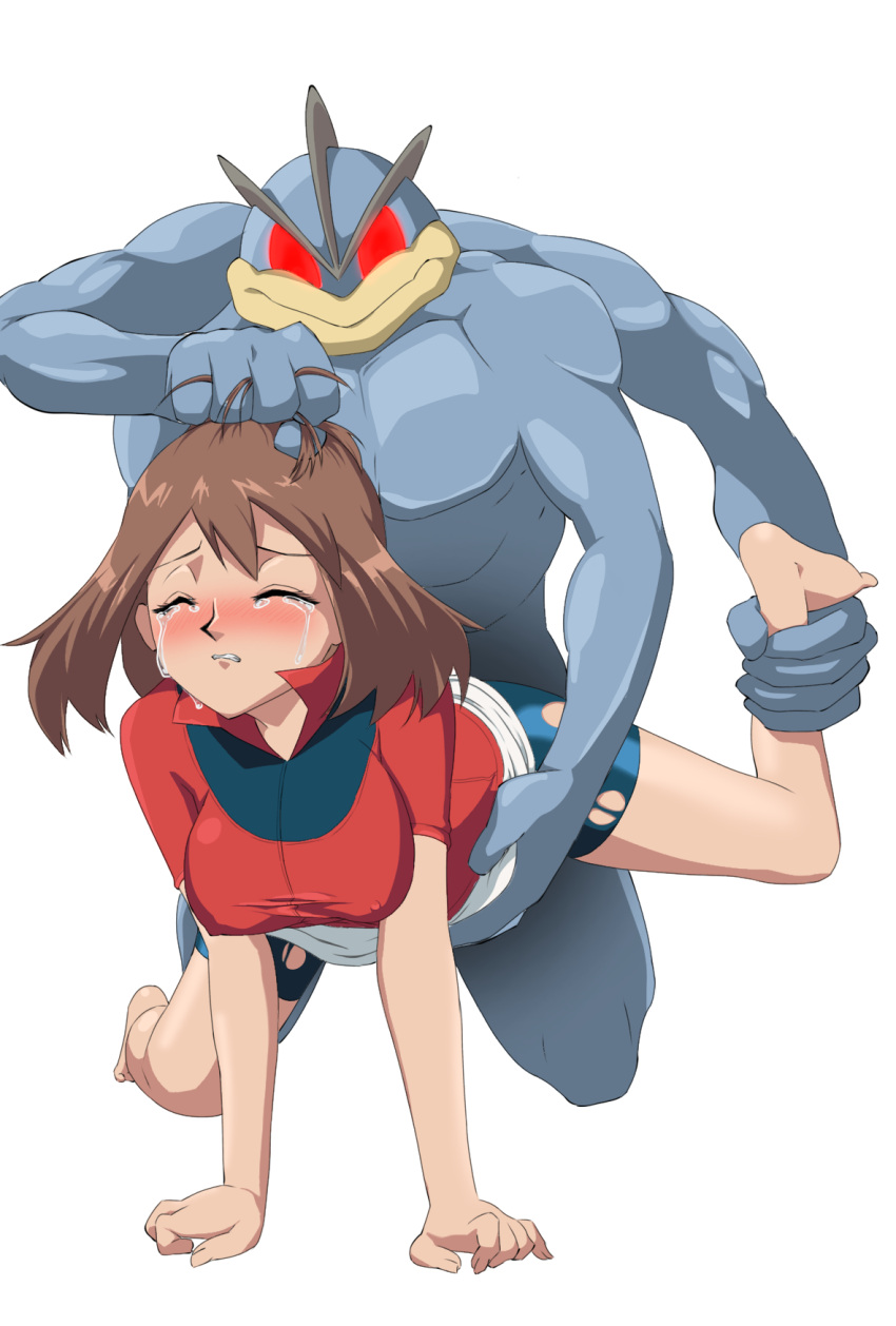 1boy 1girl bangs barefoot bike_shorts blush breasts brown_hair closed_eyes commentary_request covered_nipples crying doggystyle eyelashes highres implied_sex interspecies leg_up machamp may_(pokemon) parted_lips pokemon pokemon_(anime) pokemon_(creature) pokemon_rse_(anime) rape red_shirt sakura_painter shirt short_sleeves skirt spread_legs tears torn_bike_shorts torn_clothes transparent_background white_skirt