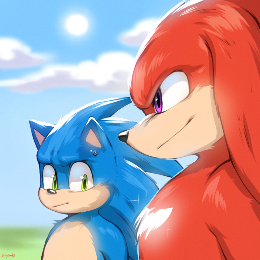 1:1 2022 anthro blue_body blue_fur day digital_media_(artwork) duo echidna eulipotyphlan fur green_eyes hedgehog hi_res knuckles_the_echidna mammal monotreme outside purple_eyes red_body red_fur sega signature sonic_the_hedgehog sonic_the_hedgehog_(series) spuydjeks tan_body tan_fur