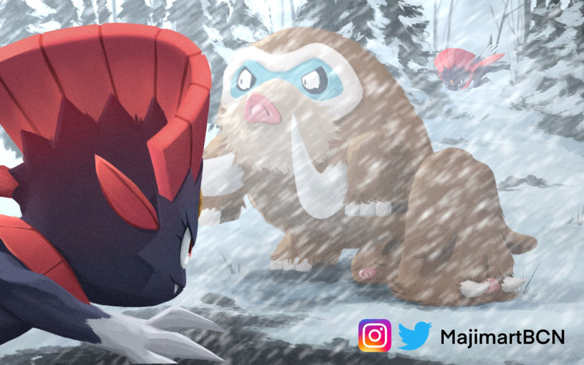 ambiguous_gender blue_markings brown_body brown_fur brown_markings claws colored detailed_background digital_media_(artwork) digital_painting_(artwork) evergreen_tree fangs feathers feral forehead_gem fur group hi_res hunted hunting lineless majimartbcn mamoswine markings nintendo on_hind_legs piloswine pine_tree plant pok&eacute;mon pok&eacute;mon_(species) purple_body purple_fur red_body red_feathers semi-anthro shaded signature snow snowstorm swinub tan_face tree tusks video_games watermark weavile