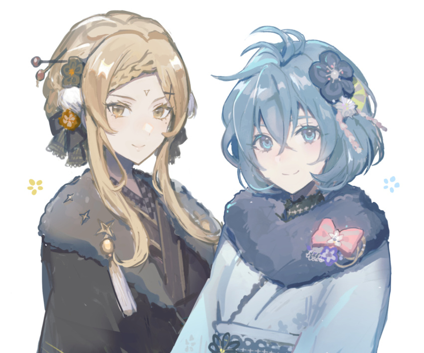 2girls alternate_costume alternate_hairstyle blonde_hair blue_eyes blue_hair braid drag-on_dragoon drag-on_dragoon_3 facial_mark five_(drag-on_dragoon) flower forehead_mark fur-trimmed_kimono fur_trim hair_flower hair_ornament japanese_clothes kimono long_hair miichinori multiple_girls roman_numeral short_hair smile two_(drag-on_dragoon) upper_body yellow_eyes