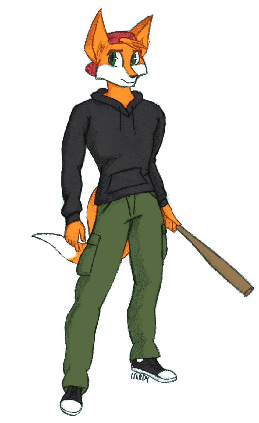 absurd_res anthro backwards_hat baseball_bat bat_(object) bottomwear canid canine cargo_pants clothed clothing colored_sketch footwear fox fully_clothed graphite_(artwork) hat headgear headwear hi_res hoodie humanoid male mammal muddy_(artist) muddy_(muddy) pants pencil_(artwork) shoes simple_background sketch sneakers solo standing topwear traditional_media_(artwork) white_background