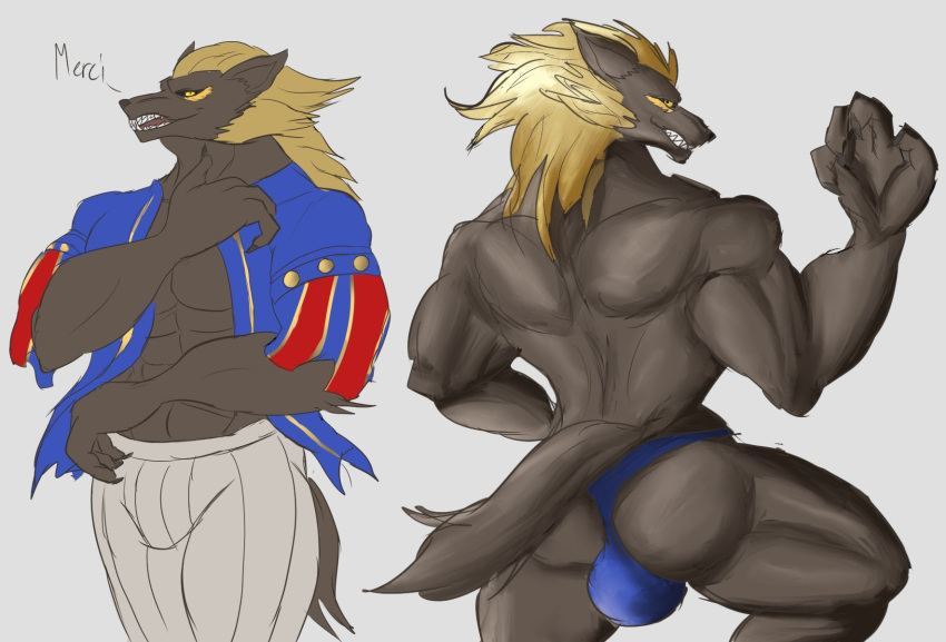 abs anthro black_sclera blonde_hair brown_body brown_fur bulge butt canid canine canis clothing daikuhiroshiama french fur hair hi_res long_hair loup-garou_(megami_tensei) male mammal muscular muscular_male solo speedo swimwear were werecanid werecanine werewolf wolf yellow_eyes