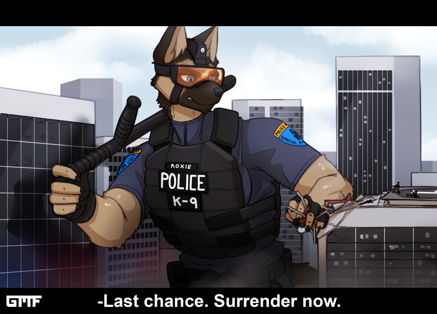 2022 5_fingers anthro bottomwear building canid canine canis city clothing cloud destruction dialogue digital_media_(artwork) domestic_dog female fingerless_gloves fingers fur gasmaskfox german_shepherd gloves handwear herding_dog hi_res macro mammal pants pastoral_dog police_baton police_uniform sky skyscraper solo uniform visor watermark