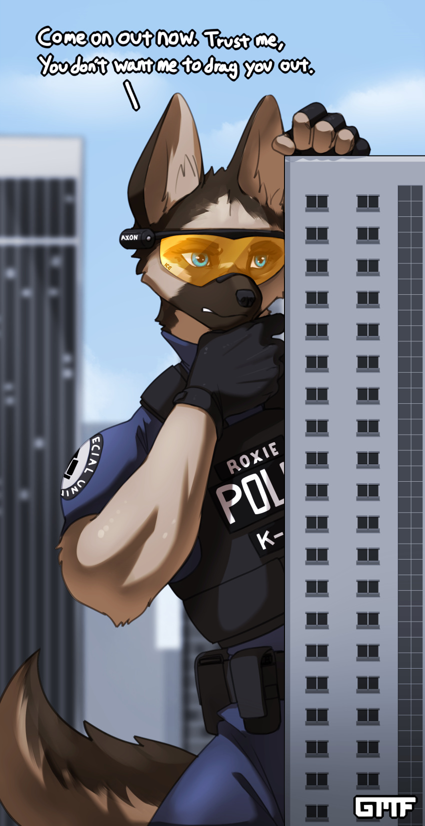 2022 absurd_res anthro bottomwear building canid canine canis city clothing cloud dialogue digital_media_(artwork) domestic_dog female fingerless_gloves fur gasmaskfox german_shepherd gloves handwear herding_dog hi_res macro mammal pants pastoral_dog police_uniform sky skyscraper solo uniform visor watermark