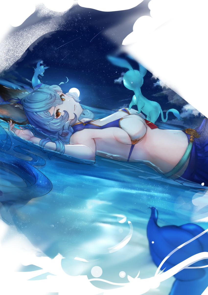 1girl absurdres animal_ears beppo_(granblue_fantasy) bikini blue_hair breasts closed_mouth erune eureca_nk ferry_(granblue_fantasy) from_side full_moon geegee_(granblue_fantasy) ghost granblue_fantasy hair_spread_out highres light_smile looking_at_viewer looking_to_the_side lying medium_breasts moon navel night night_sky on_back partially_submerged shooting_star sky star_(sky) starry_sky swimsuit white_bikini yellow_eyes