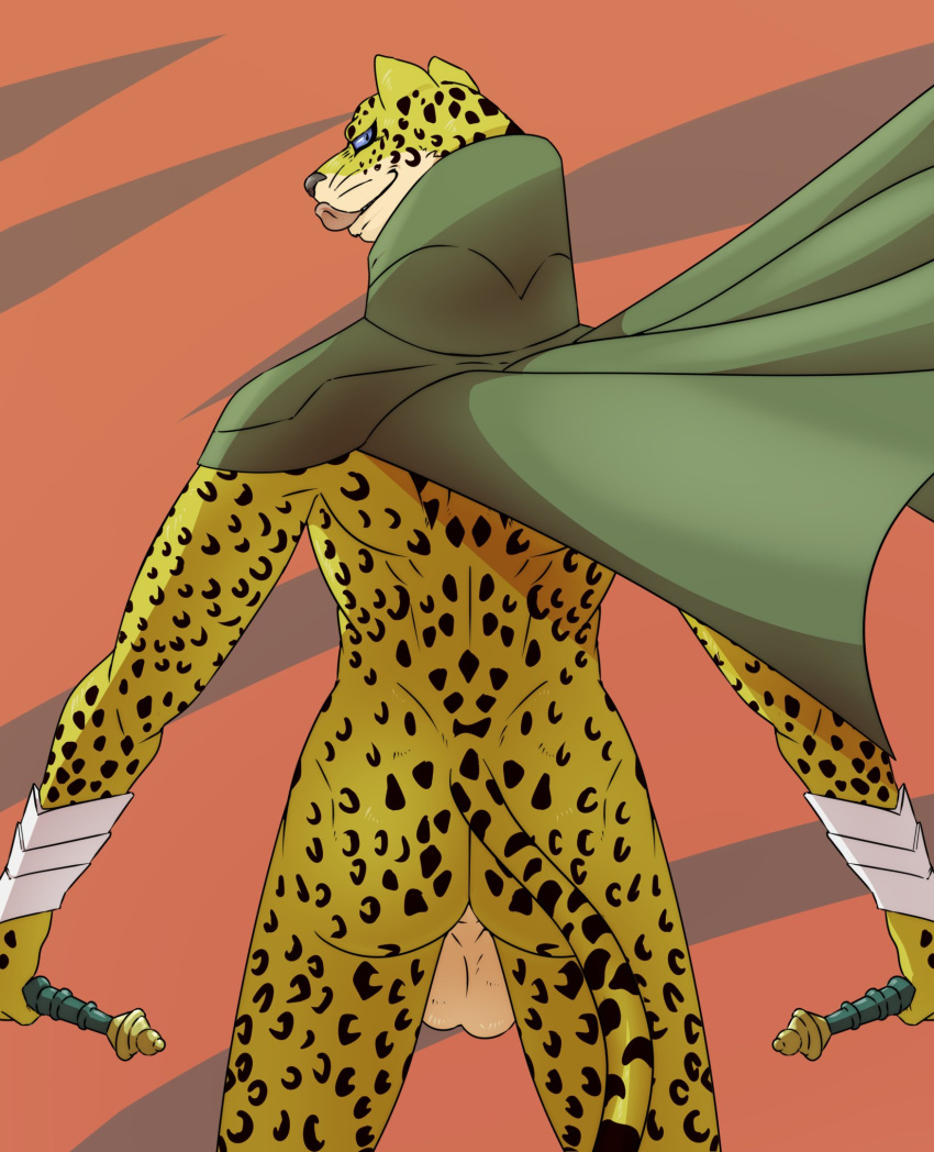 2022 a-side anthro armor balls better_version_at_source butt cape cape_only clothing cuff_(restraint) dagger daggers felid gauntlets genitals gloves green_cape handwear hi_res holding_dagger holding_object holding_weapon leopard licking licking_lips looking_at_viewer looking_back male mammal melee_weapon mostly_nude nude ose_(megami_tensei) pantherine rear_view restraints solo tongue tongue_out weapon whiskers wrist_cuffs