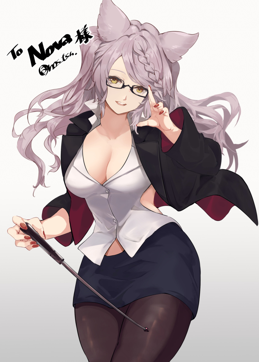 1girl adjusting_eyewear alternate_costume animal_ears bangs black_jacket blue_skirt braid breasts brown_legwear cleavage clothing_cutout collared_shirt commission contemporary cowboy_shot fraux glasses gradient gradient_background granblue_fantasy grey_hair hand_up highres jacket long_hair long_sleeves looking_at_viewer medium_breasts nos open_clothes open_jacket open_mouth pantyhose pencil_skirt pointer popped_collar red_nails shirt side_cutout skeb_commission skirt smile solo twitter_username white_shirt yellow_eyes