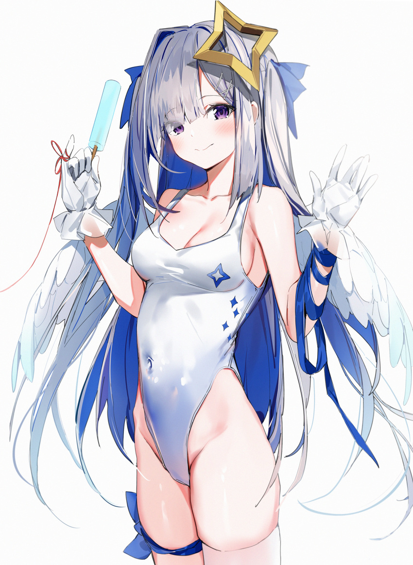 1girl absurdres amane_kanata angel_wings bangs blue_hair blue_ribbon blush breasts cleavage closed_mouth colored_inner_hair commentary_request covered_navel food gloves grey_hair groin hair_ornament halo highres holding holding_food hololive long_hair medium_breasts multicolored_hair one-piece_swimsuit popsicle purple_hair ribbon silver_(chenwen) simple_background single_thighhigh smile solo star_halo string string_of_fate swimsuit thighhighs very_long_hair virtual_youtuber white_background white_gloves white_legwear white_swimsuit wings x_hair_ornament