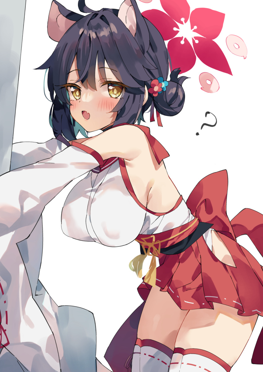 1girl ? ahoge arched_back armpits bare_shoulders black_hair blue_archive blush breasts commentary cowboy_shot detached_sleeves extra_ears eyebrows_visible_through_hair fang flower forehead frilled_skirt frills hair_between_eyes hair_flower hair_ornament halo highres japanese_clothes kaede_(blue_archive) large_breasts leaning_forward long_sleeves looking_at_viewer medium_hair miko no_bra oppai_loli puffy_nipples red_skirt sagging_breasts sash shadow simple_background skin_fang skirt solo thighhighs thighs unacchi_(nyusankin) white_background wide_sleeves yellow_eyes