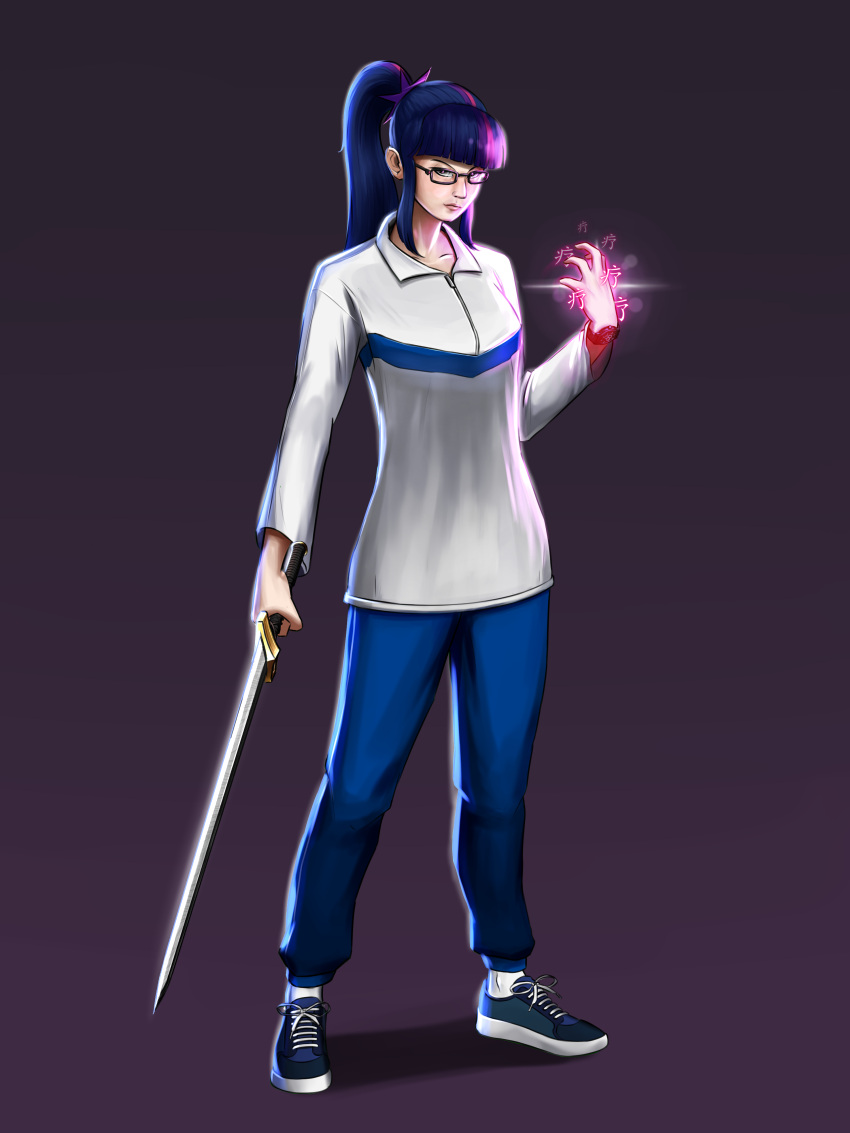 1girl absurdres asian colored_skin glasses guyser3 highres humanization katana magic multicolored_hair my_little_pony my_little_pony_equestria_girls pants ponytail purple_hair sci-twi shirt shoelaces shoes simple_background solo streaked_hair sword twilight_sparkle watch weapon white_skin