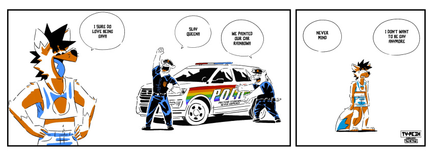 2021 anthro bottomwear canid canine car clothing comic crop_top dialogue dipstick_tail domestic_pig english_text fox hi_res humor lgbt_history_month lgbt_pride male mammal markings pinkwashing police police_car police_uniform rainbow shirt shorts solo speech_bubble standing suid suina sus_(pig) tail_markings text topwear ty_pesh tyberius_peshkalai uniform vehicle