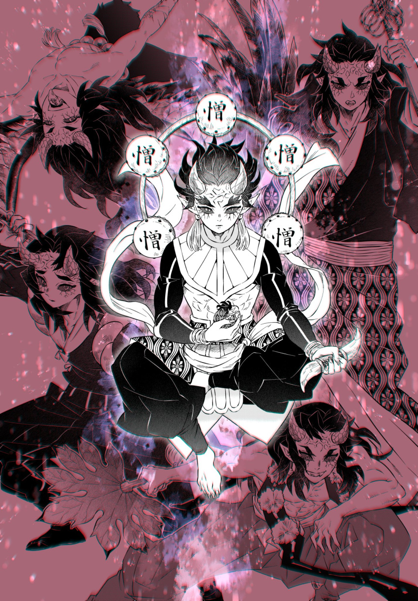 6+boys aizetsu_(kimetsu_no_yaiba) aura bangle barefoot beads black_sclera bracelet closed_mouth colored_sclera drum earrings fangs feathered_wings fingernails forked_eyebrows hagoromo hair_slicked_back hand_fan hand_up hantengu_(kimetsu_no_yaiba) highres holding holding_fan holding_staff holding_weapon horns in_palm instrument invisible_chair japanese_clothes jewelry karaku_(kimetsu_no_yaiba) kimetsu_no_yaiba kimono leaf_fan light_particles long_hair looking_at_viewer male_focus miniboy mintiaorion monochrome multiple_boys obi oni oni_horns open_mouth pointy_ears pom_pom_(clothes) prayer_beads projected_inset red_background sash sekido_(kimetsu_no_yaiba) shakujou sharp_fingernails sharp_toenails shawl sitting sleeveless solo_focus spiked_hair squatting staff standing tassel tassel_earrings text_in_eyes toenails tongue tongue_out topless_male upside-down urogi_(kimetsu_no_yaiba) veins vest weapon wings zohakuten_(kimetsu_no_yaiba)