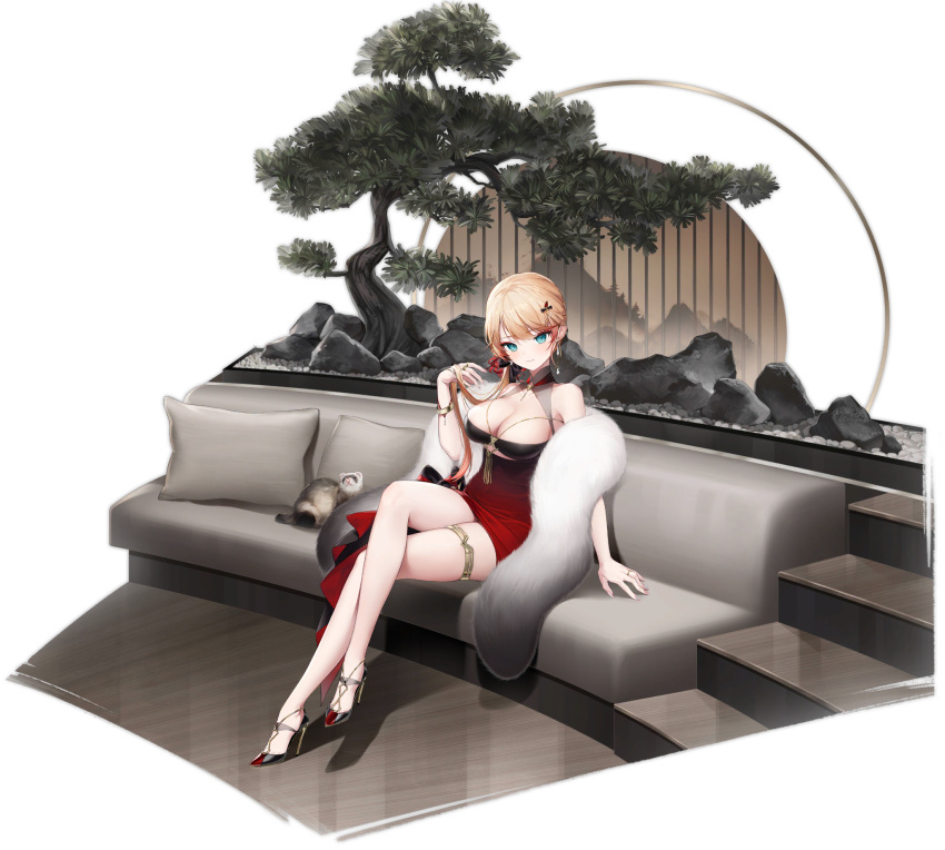 1girl animal azur_lane bangs black_footwear blonde_hair blue_eyes breasts cleavage cleavage_cutout closed_mouth clothing_cutout couch crossed_legs dress earrings feather_boa ferret halter_dress halterneck hand_up high_heels highres howe_(azur_lane) howe_(evening_marvels)_(azur_lane) jewelry large_breasts long_hair looking_at_viewer official_art on_couch pillow short_dress sitting snow_is solo stairs thighlet tight tight_dress transparent_background underboob_cutout