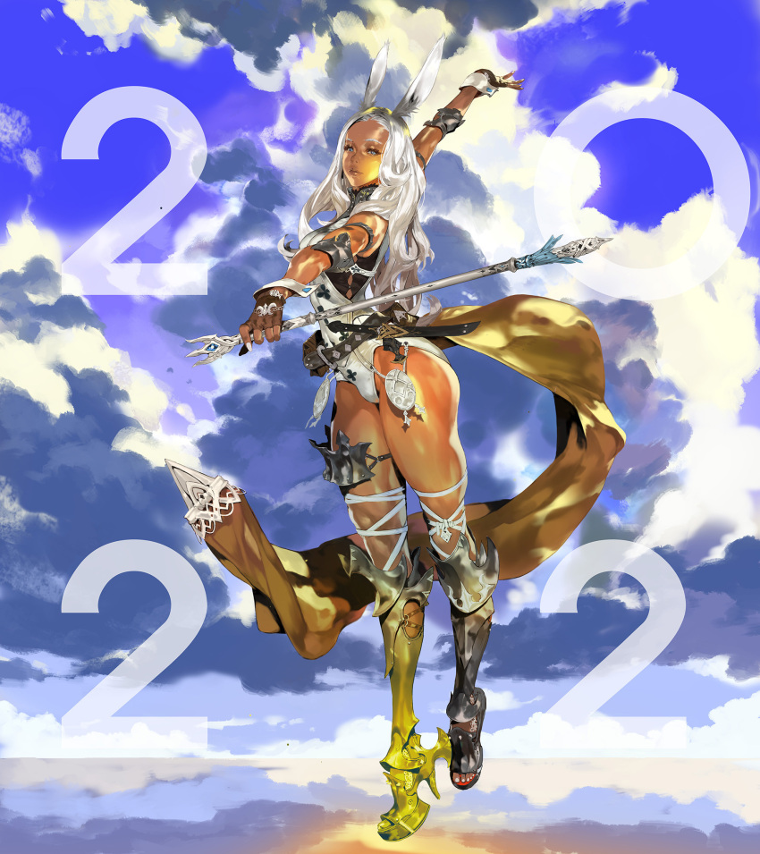 1girl 2022 animal_ears armlet armor armored_shoes belt belt_pouch braveking breasts brown_gloves buckle closed_mouth cloud cloudy_sky clover_print couter crossed_legs dark-skinned_female dark_skin fingerless_gloves full_body gloves gorget greaves grey_eyes hair_over_shoulder high_heels highres holding holding_staff horizon knife leotard looking_at_viewer medium_breasts original platform_footwear platform_heels poleyn pose pouch rabbit_ears reflection reflective_water sheath sheathed shiny shiny_skin sky solo spread_fingers staff standing strap thigh_armor thigh_bands tiptoes toeless_footwear waist_cape white_hair white_leotard white_nails white_wrist_cuffs wrist_cuffs
