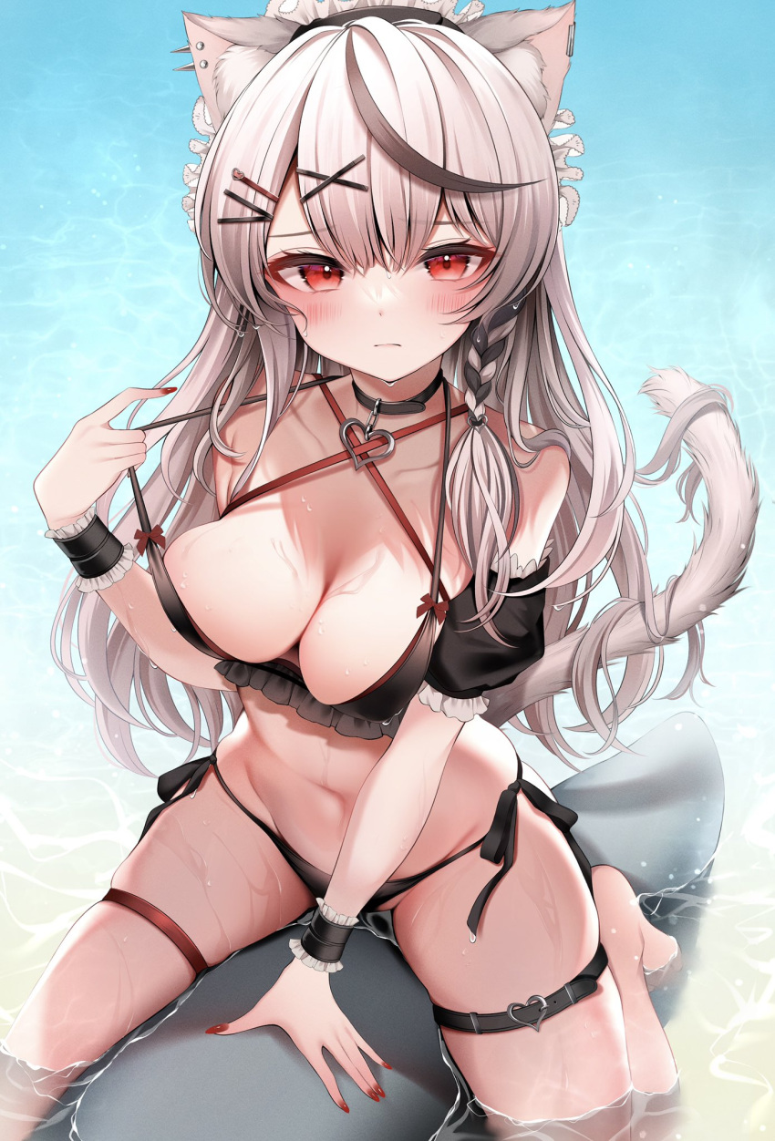 1girl animal_ears bangs barefoot bikini bikini_pull black_bikini black_collar blush braid breasts buckle cat_ears cat_tail cleavage closed_mouth clothes_pull collar commentary_request detached_sleeves ear_piercing frills furrowed_brow grey_hair hair_ornament hairclip hand_up heart heart-shaped_buckle heart_pendant highres hololive long_hair looking_at_viewer maid_headdress medium_breasts namagome_negi navel piercing pulled_by_self red_eyes red_nails riding sakamata_chloe side-tie_bikini single_detached_sleeve skindentation solo stomach strap_pull swimsuit tail thigh_strap virtual_youtuber water wavy_hair wet wrist_cuffs x_hair_ornament