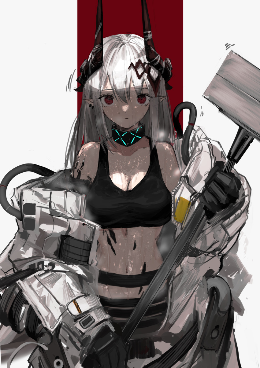 1girl arknights breasts cleavage closed_mouth coat cowboy_shot earrings hammer highres holding holding_hammer horns jewelry long_hair looking_at_viewer midriff mudrock_(arknights) narue navel off_shoulder open_clothes open_coat pointy_ears red_eyes solo standing tank_top white_coat white_hair