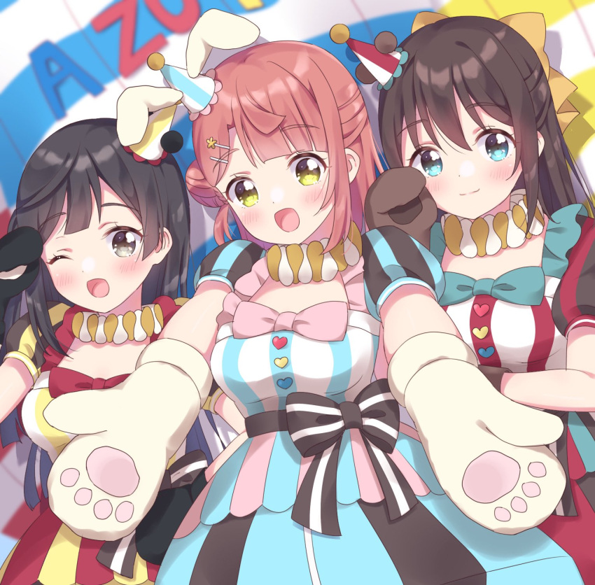 3girls :d ;d animal_hands aqua_eyes bangs black_hair blue_dress blunt_bangs blurry blurry_background bow breasts brown_hair closed_mouth commentary dress eyebrows_visible_through_hair gloves grey_eyes hair_bow half_updo hand_up hat highres ichigomilk1515 infinity!_our_wings!! long_hair looking_at_viewer love_live! love_live!_nijigasaki_high_school_idol_club medium_breasts medium_hair mini_hat multiple_girls one_eye_closed open_mouth ousaka_shizuku outstretched_arms paw_gloves pink_hair puffy_short_sleeves puffy_sleeves short_sleeves side_bun smile striped striped_background striped_dress two-tone_dress uehara_ayumu vertical-striped_dress vertical_stripes waist_bow white_gloves yellow_bow yellow_dress yellow_eyes yuuki_setsuna_(love_live!)