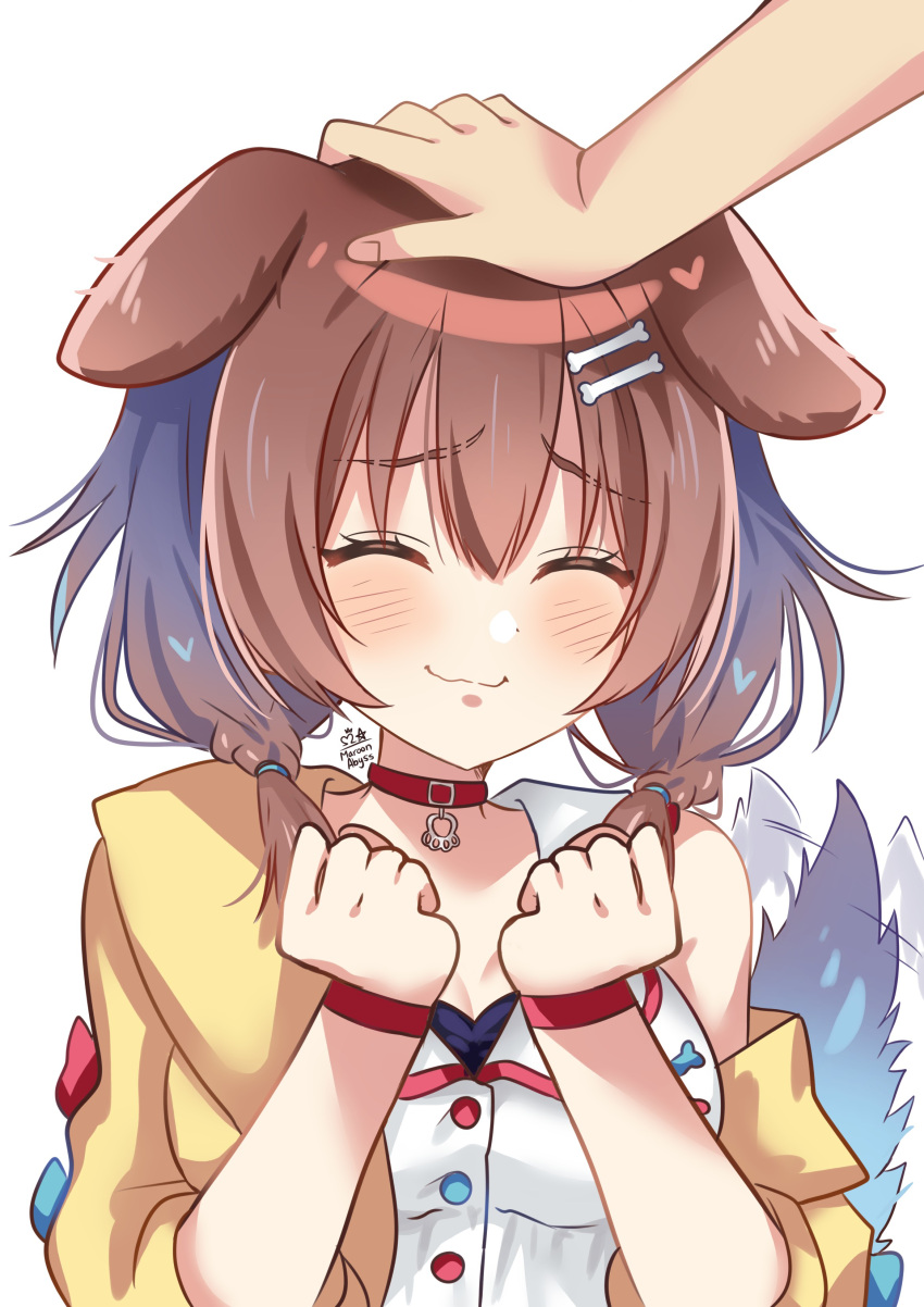 1girl :3 absurdres animal_collar animal_ears bangs blush bone_hair_ornament braid brown_hair cartoon_bone closed_eyes collar dog_ears dog_girl extra_ears hair_between_eyes hair_ornament hairclip hand_on_another's_head headpat highres hololive inugami_korone jacket long_hair low_twin_braids maroonabyss out_of_frame petting red_collar side_braids smile solo_focus twin_braids virtual_youtuber yellow_jacket