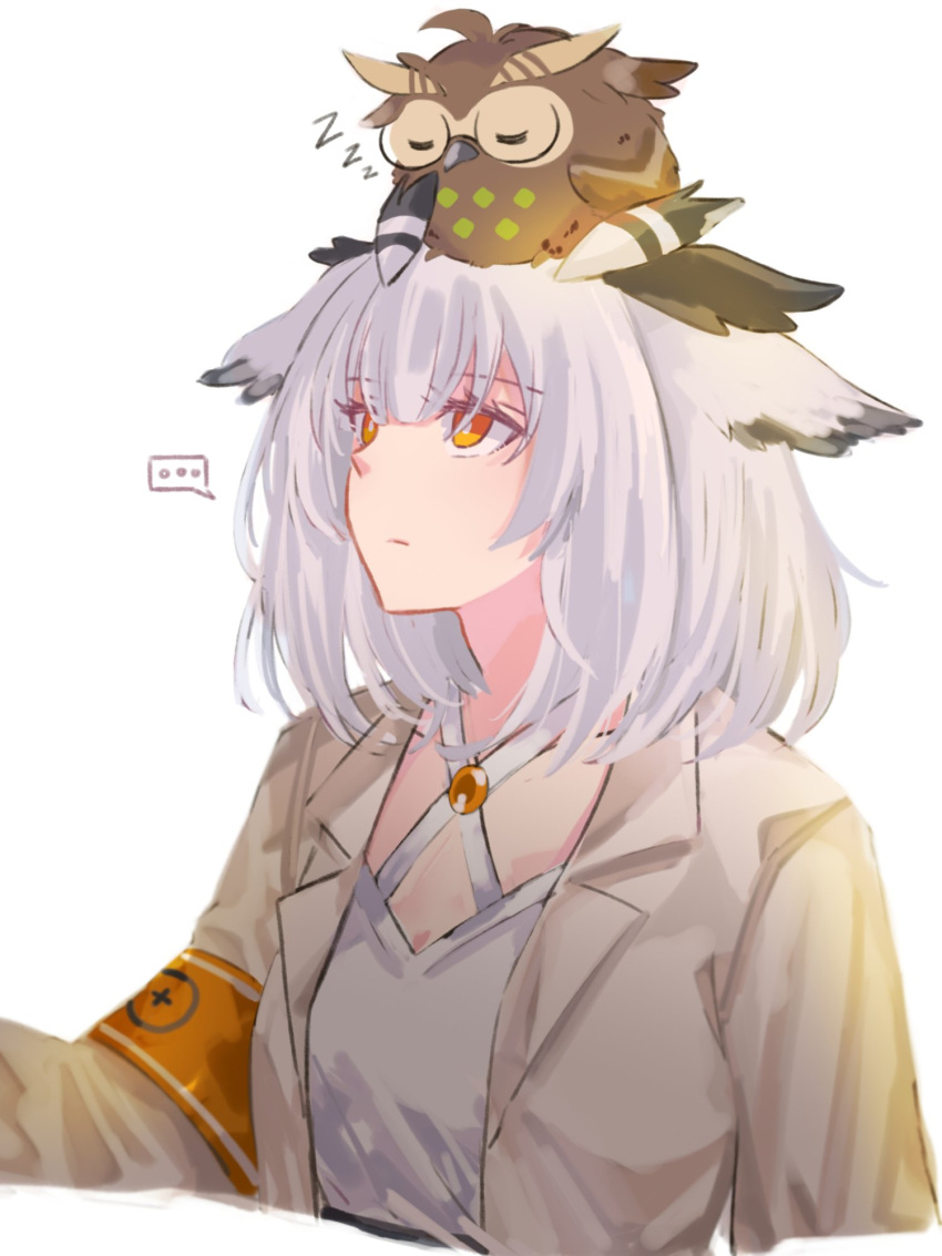 ... 1girl animal_on_head animalization arknights armband bird dress feather_hair grey_hair grey_jacket highres jacket looking_up on_head open_clothes open_jacket orange_eyes owl owl_ears ptilopsis_(arknights) rhine_lab_logo semi-rimless_eyewear short_hair silence_(arknights) simple_background speech_bubble spoken_ellipsis under-rim_eyewear upper_body white_background white_dress yuutama2804