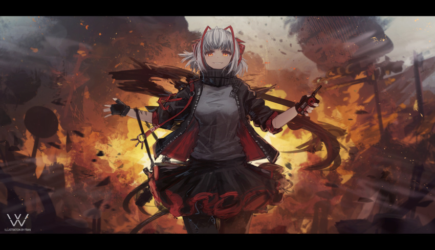 1girl ahoge arknights artist_name bangs black_gloves black_jacket black_legwear black_skirt breasts character_name commentary detonator english_commentary explosion eyebrows_behind_hair fingerless_gloves franlol gloves grenade_pin grey_hair grey_sweater grin hands_up highres holding holding_weapon horns jacket looking_at_viewer medium_breasts medium_hair miniskirt multicolored_hair open_clothes open_jacket orange_eyes outstretched_arms pleated_skirt red_hair red_horns red_ribbon red_skirt ribbon skirt sleeves_pushed_up slit_pupils smile solo streaked_hair sweater w_(arknights) walking weapon zipper