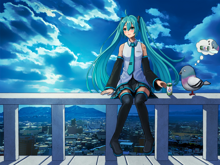 1girl aqua_eyes aqua_hair aqua_necktie bangs bird black_skirt boots can city cityscape closed_mouth cloud cloudy_sky detached_sleeves drink fence hair_between_eyes hair_ornament hatsune_miku highres imagining kotatsumuri_(yaugau) long_hair necktie on_fence outdoors shadow sitting_on_fence skirt sky sleeveless smile soda_can thigh_boots twintails very_long_hair vocaloid